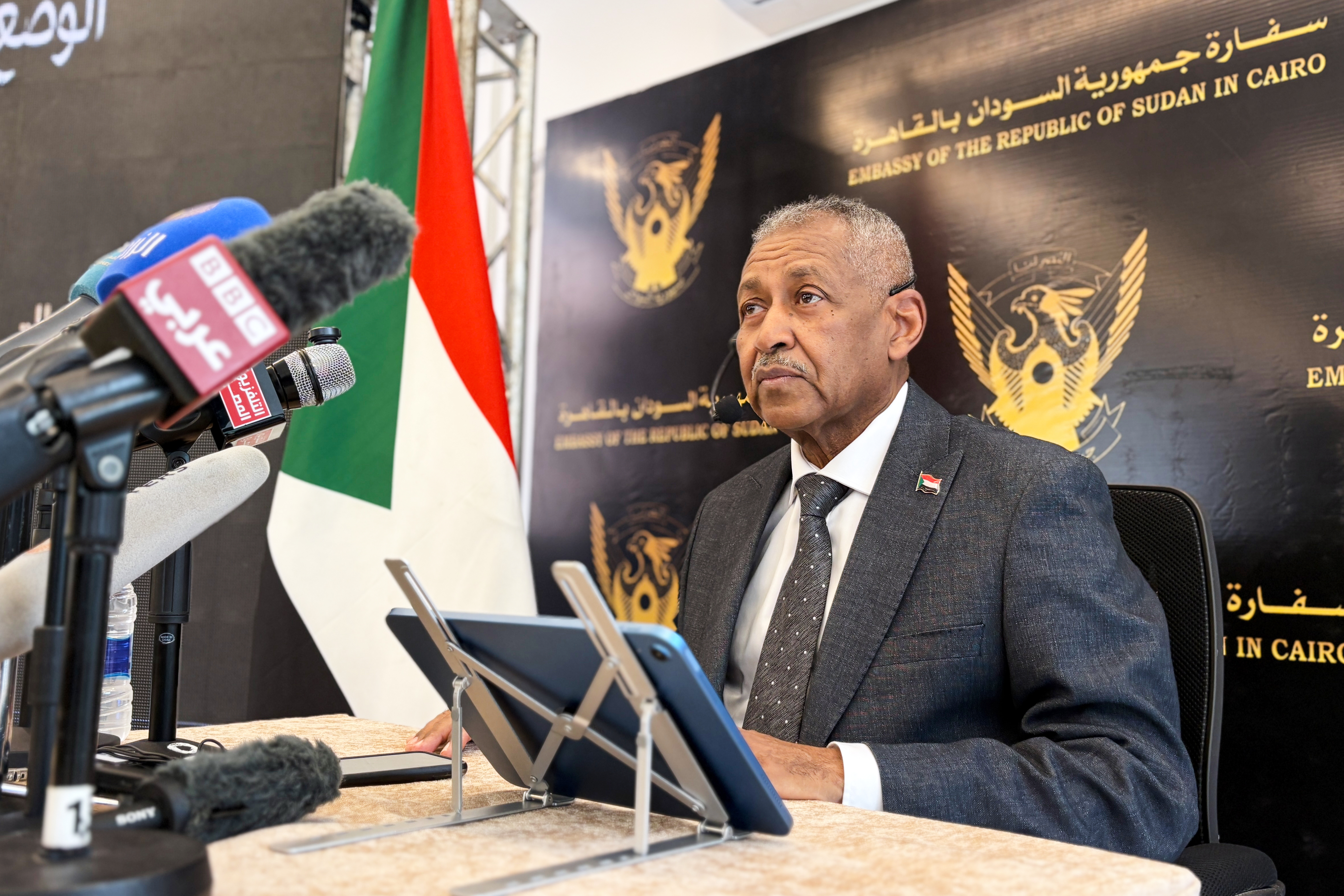 Imadeldin Mustafa Adawi, Sudan's ambassador to Egypt, speaks during a news conference at his residence in Cairo, Egypt, Sunday, Nov. 2, 2025. (AP Photo/Ahmed Hatem)