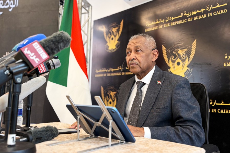Imadeldin Mustafa Adawi, Sudan's ambassador to Egypt, speaks during a news conference at his residence in Cairo, Egypt, Sunday, Nov. 2, 2025. (AP Photo/Ahmed Hatem)