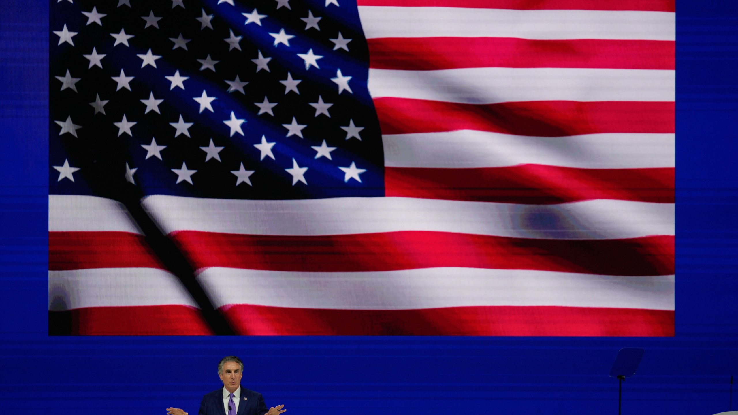 CORRECTS NAME SPELLING - U.S. Interior Secretary Doug Burgum speaks during the inaugural session of annual Abu Dhabi International Petroleum Exhibition and Conference (ADIPEC), in Abu Dhabi, United Arab Emirates, Monday, Nov. 3, 2025. (AP Photo/Altaf Qadri)