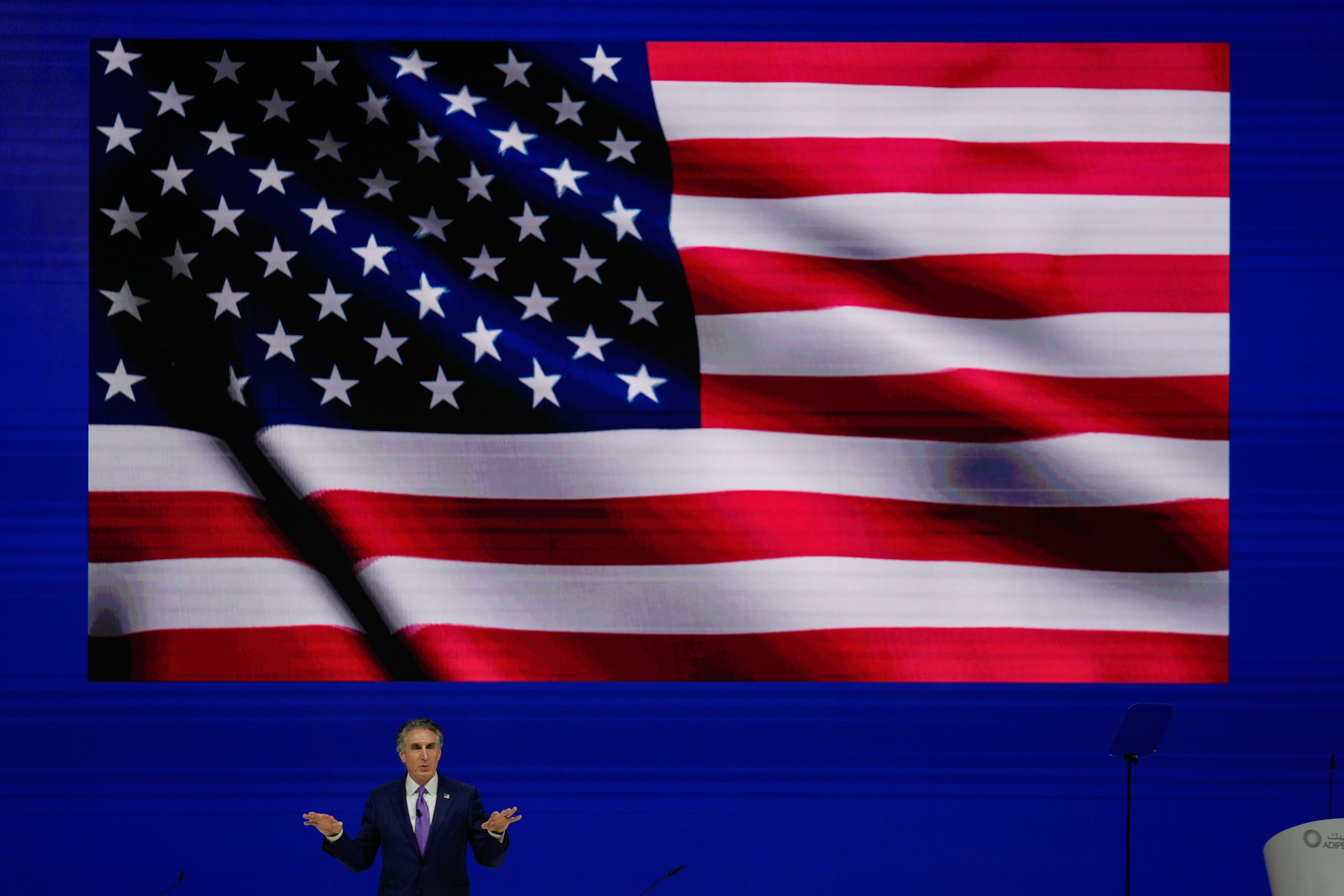CORRECTS NAME SPELLING - U.S. Interior Secretary Doug Burgum speaks during the inaugural session of annual Abu Dhabi International Petroleum Exhibition and Conference (ADIPEC), in Abu Dhabi, United Arab Emirates, Monday, Nov. 3, 2025. (AP Photo/Altaf Qadri)