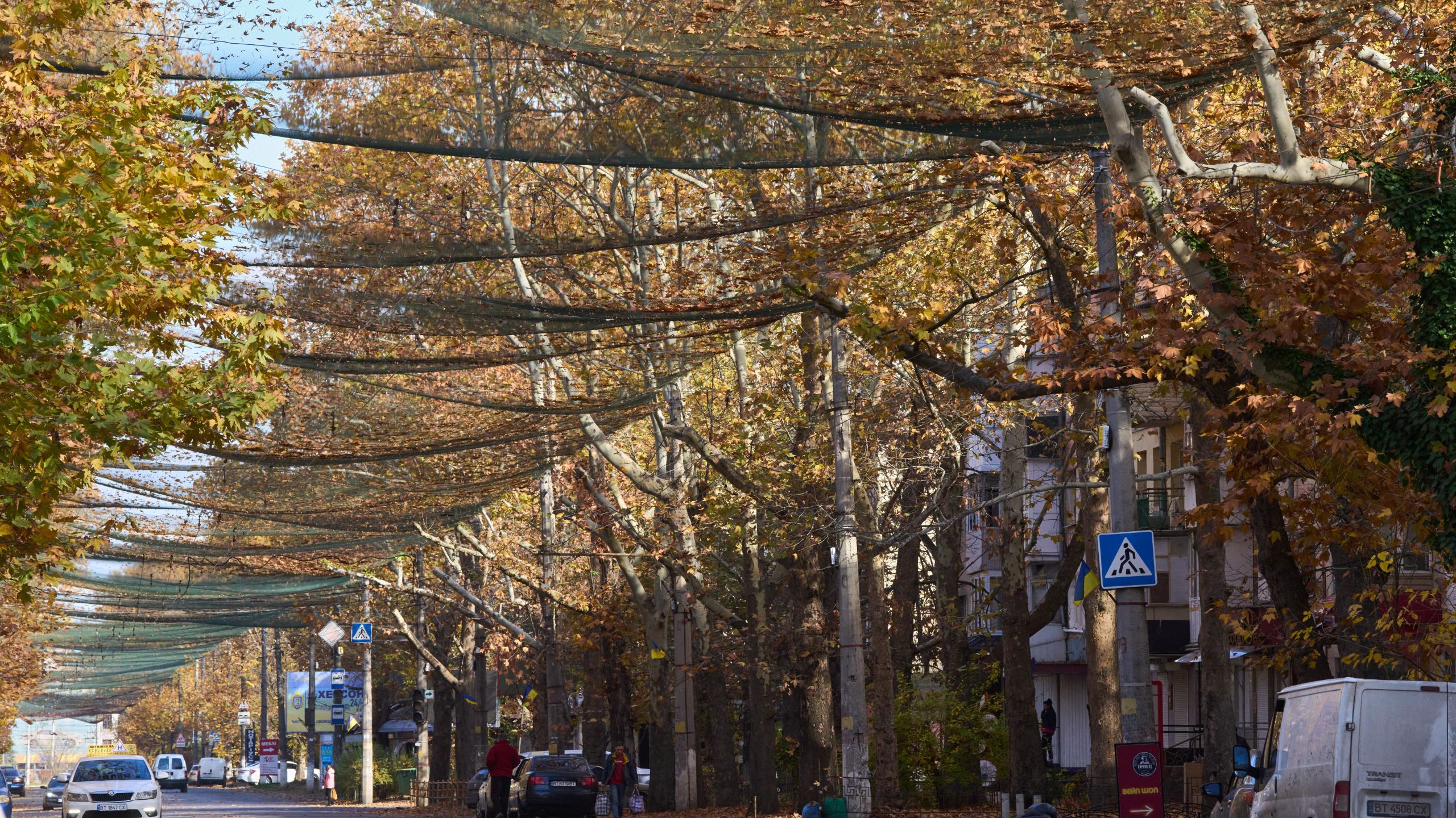 Local residents walk along the street covered with an anti-FPV-drone net in the frontline city of Kherson, Southern Ukraine, Monday, Nov. 3, 2025. (AP Photo/Efrem Lukatsky)