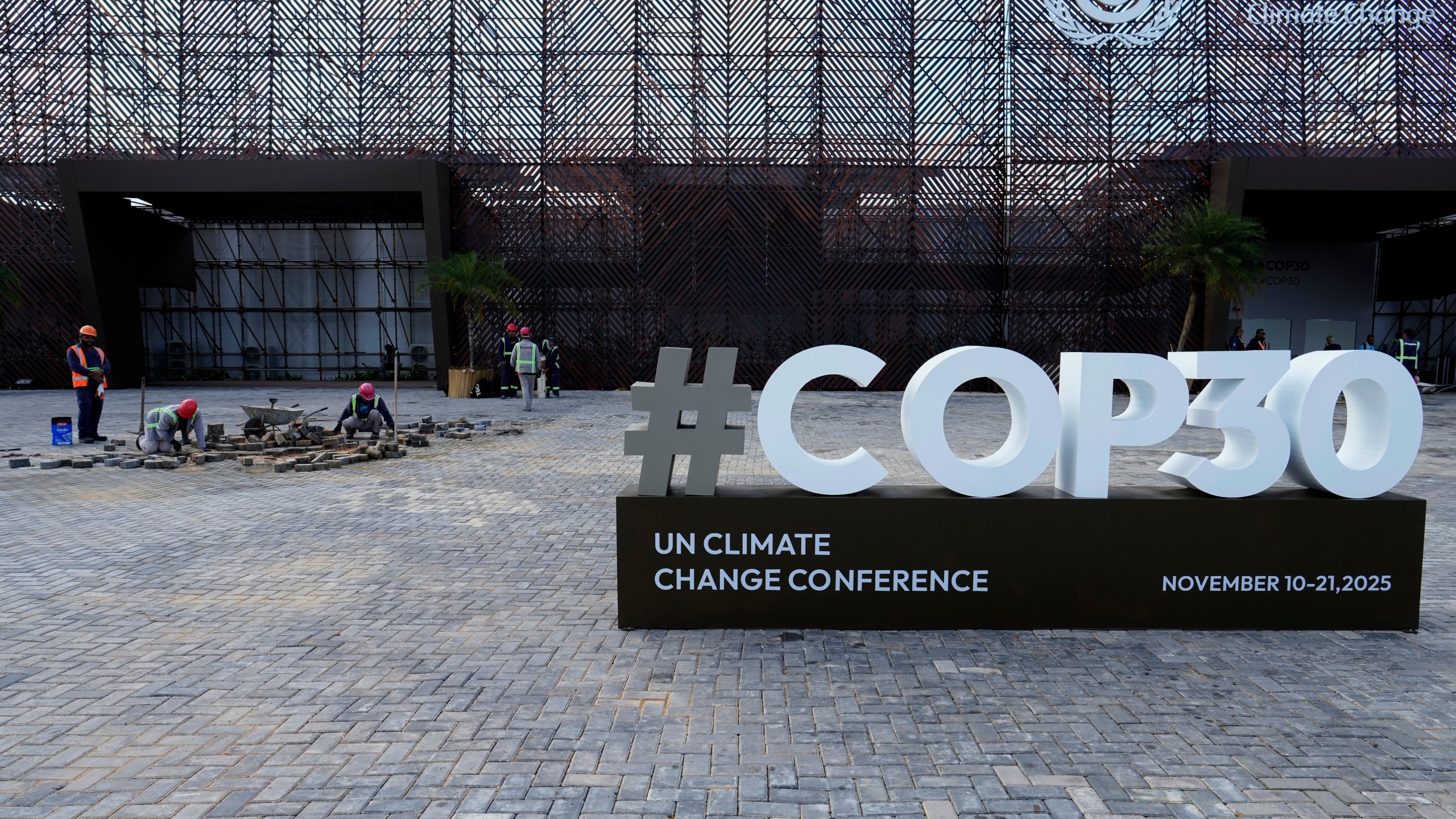 A sign for the upcoming COP30 U.N. Climate Summit sits outside of the press center in Belem, Brazil, Monday, Nov. 3, 2025. (AP Photo/Eraldo Peres)