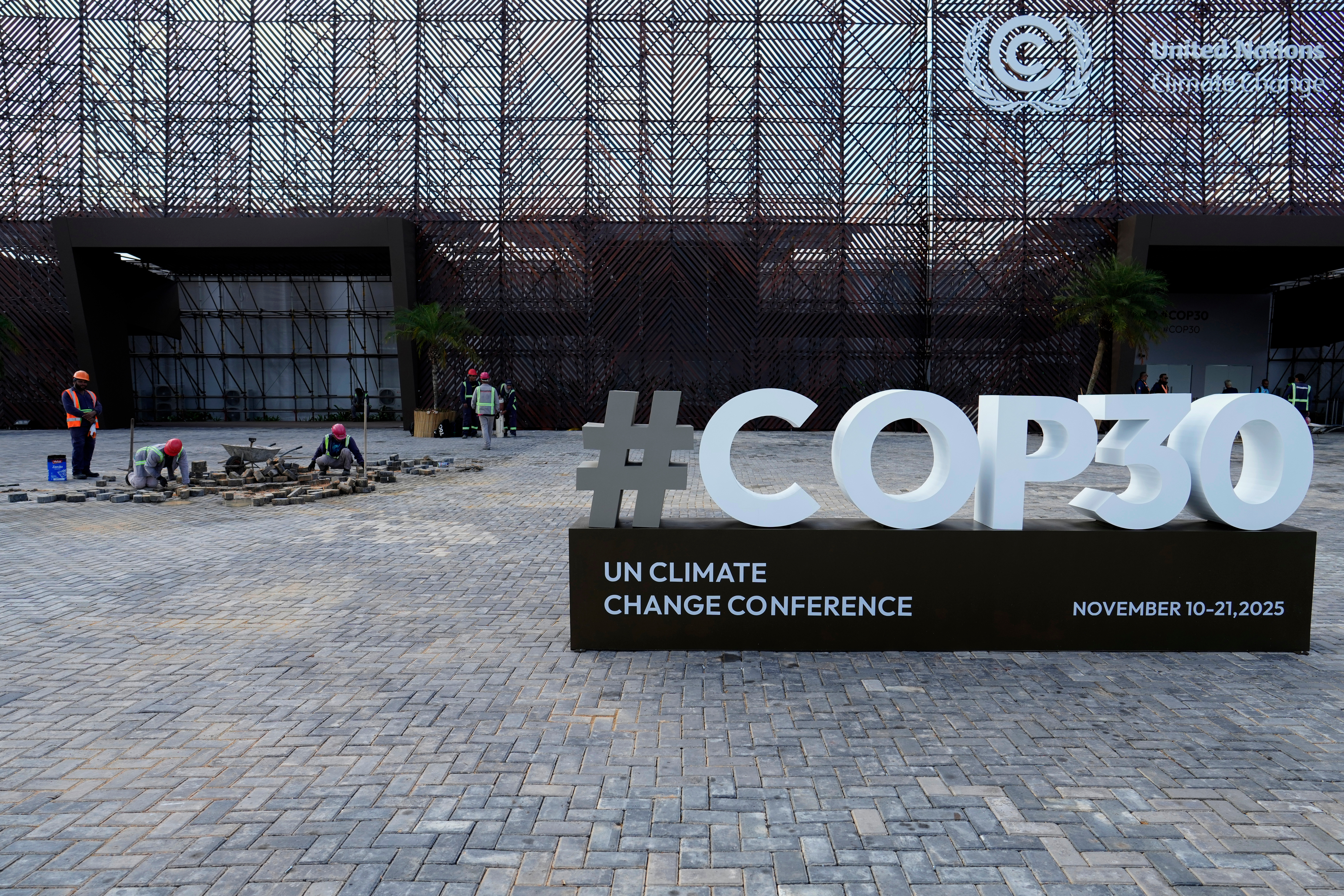 A sign for the upcoming COP30 U.N. Climate Summit sits outside of the press center in Belem, Brazil, Monday, Nov. 3, 2025. (AP Photo/Eraldo Peres)