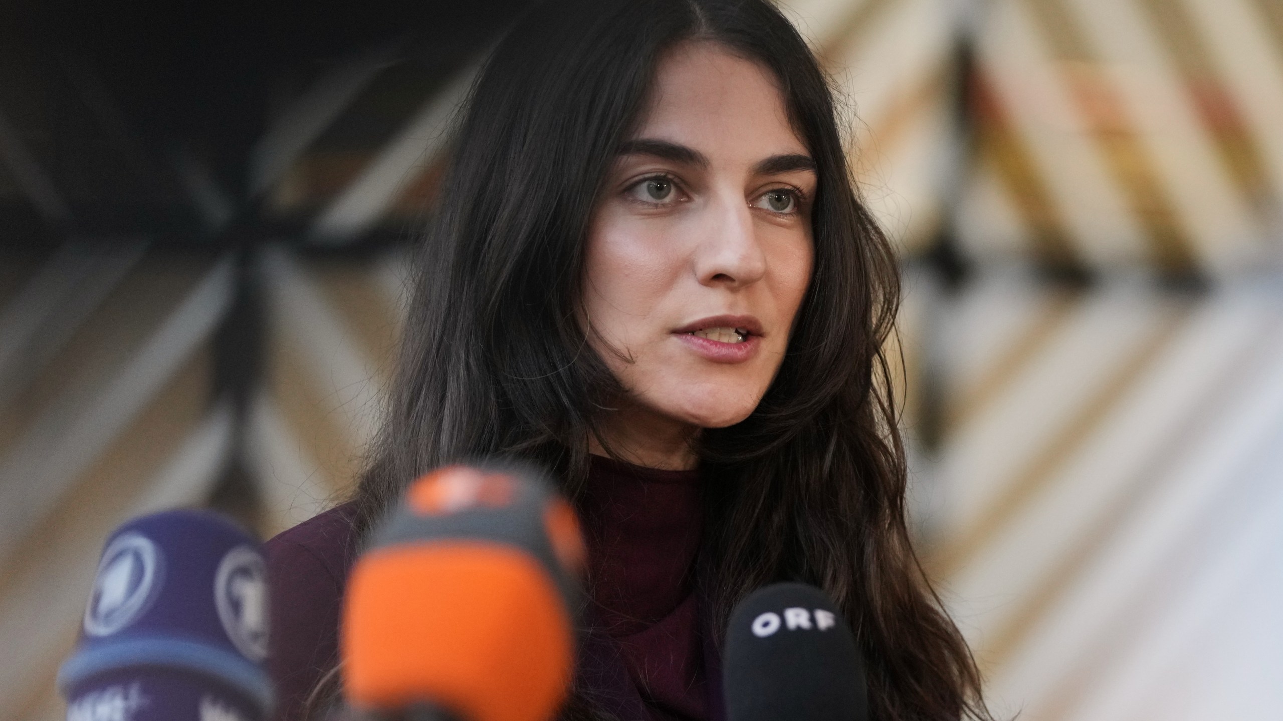 Sweden's Environment Minister Romina Pourmokhtari speaks with the media as she arrives for a meeting of EU Environment ministers at the European Council building in Brussels, Belgium, Tuesday, Nov. 4, 2025. (AP Photo/Virginia Mayo)