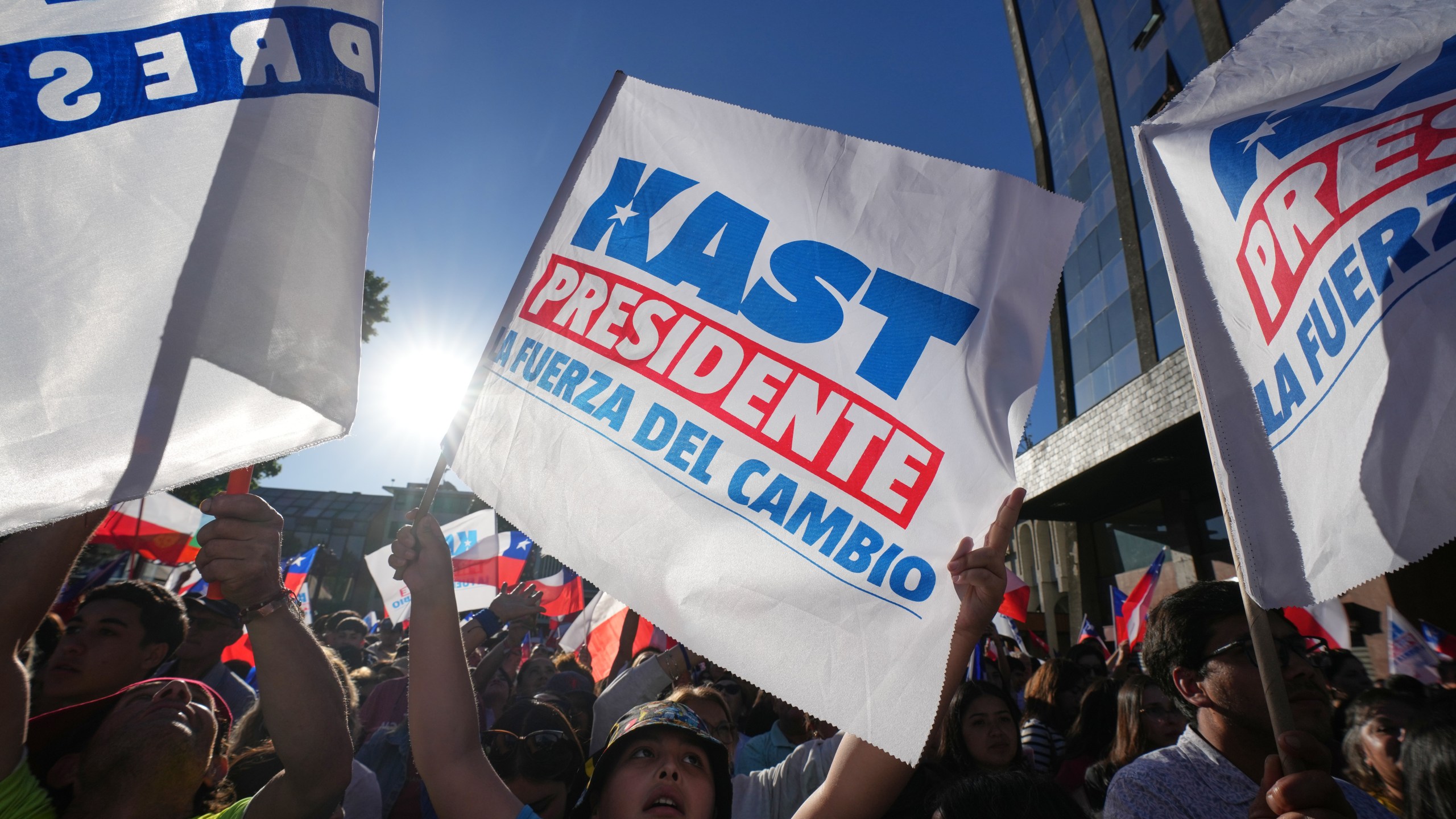 Supporters of presidential candidate Jose Antonio Kast, of the Republican Party, attend a rally ahead of the presidential runoff election in Temuco, Chile, Thursday, Dec. 11, 2025. (AP Photo/Esteban Felix)