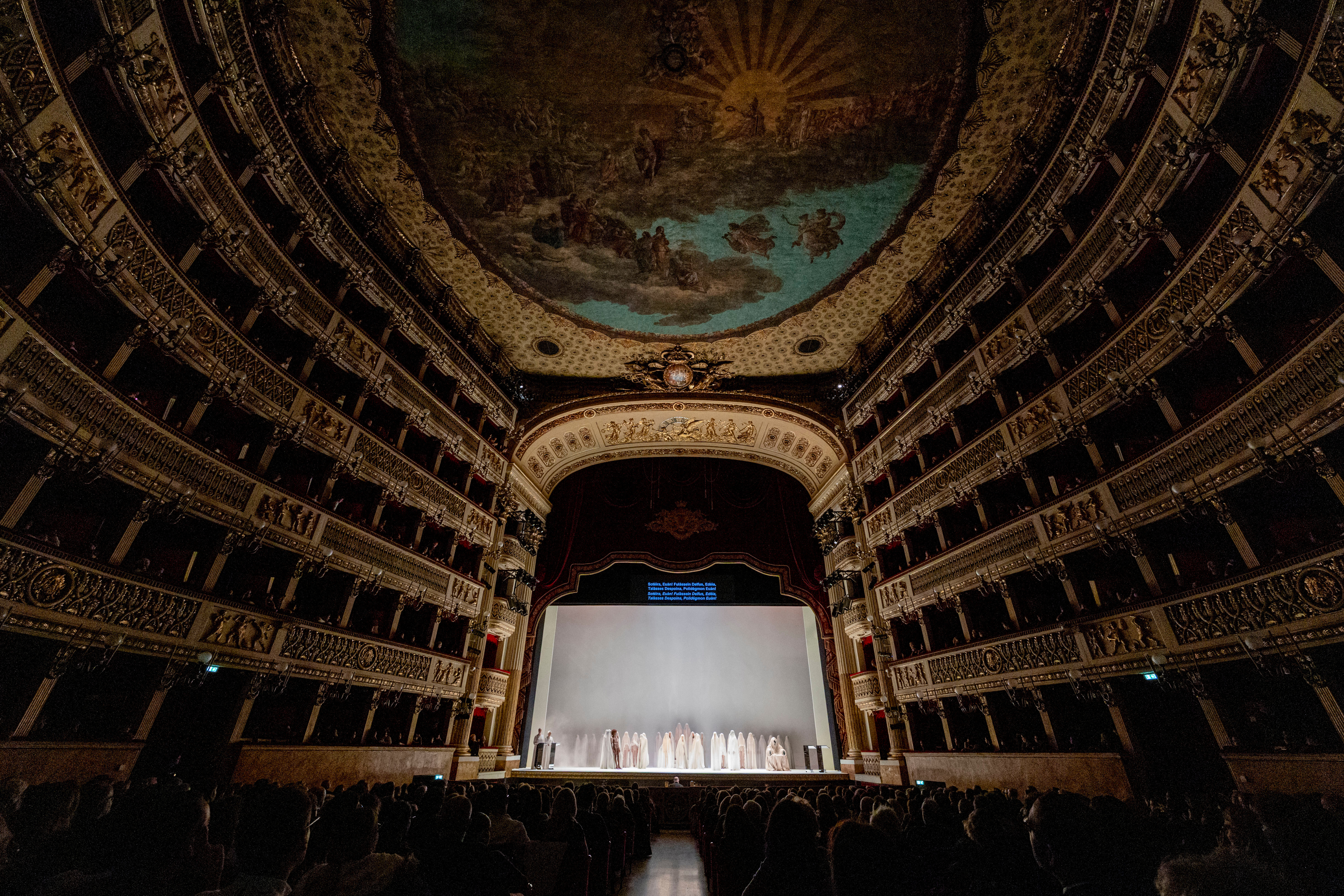 Actors perform during the general rehearsal of Ennio Morricone's only opera, Partenope, at the San Carlo Theatre, in Naples, Italy, Thursday, Dec. 11, 2025. (AP Photo/Salvatore Laporta)