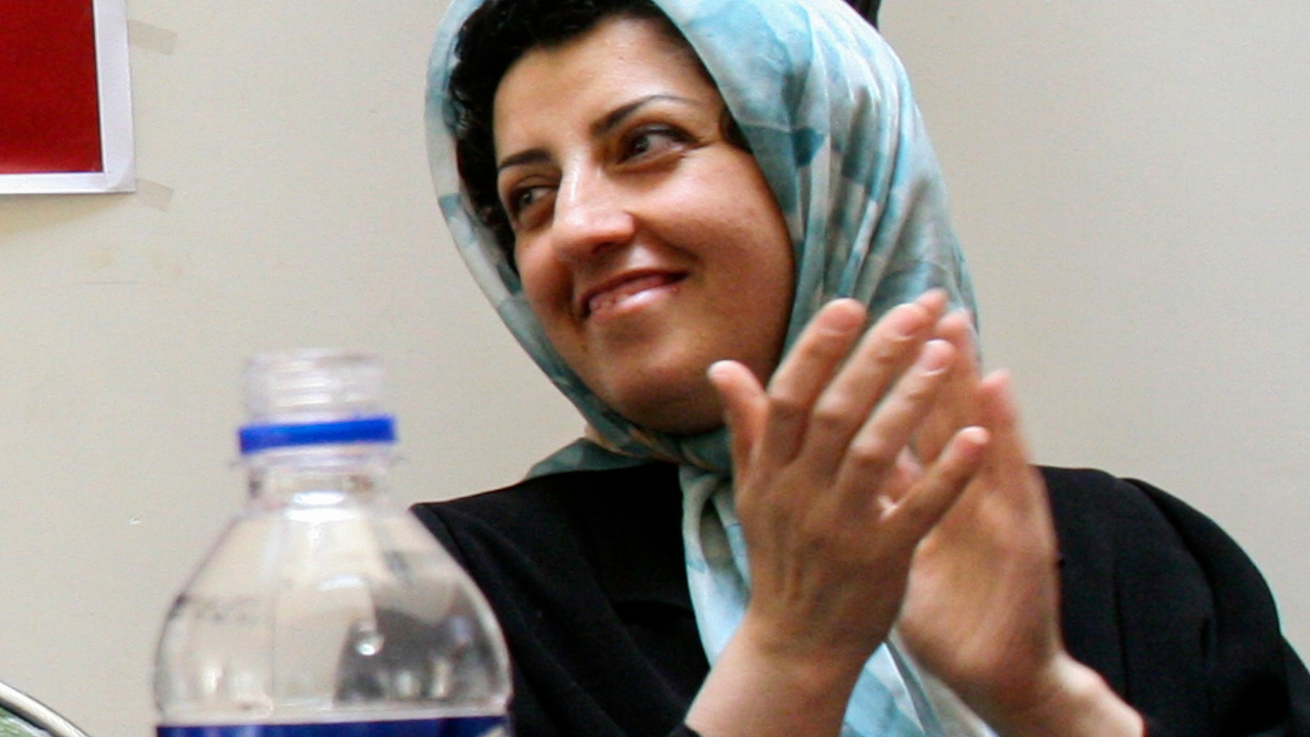 FILE - Prominent Iranian human rights activist Narges Mohammadi is seen in a meeting on women's rights in Tehran, Iran, on July 3, 2008. (AP Photo/Vahid Salemi, File)