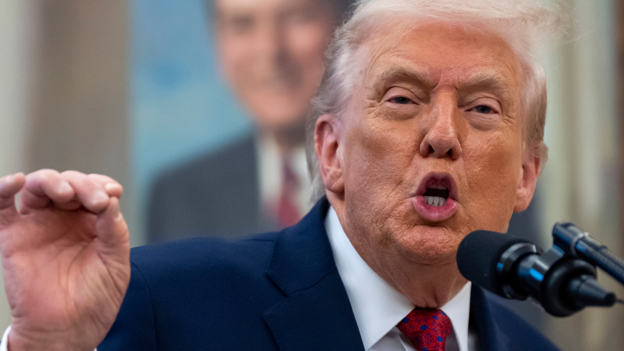 President Donald Trump speaks during a Mexican Border Defense Medal presentation in the Oval Office of the White House, Monday, Dec. 15, 2025, in Washington. (AP Photo/Alex Brandon)