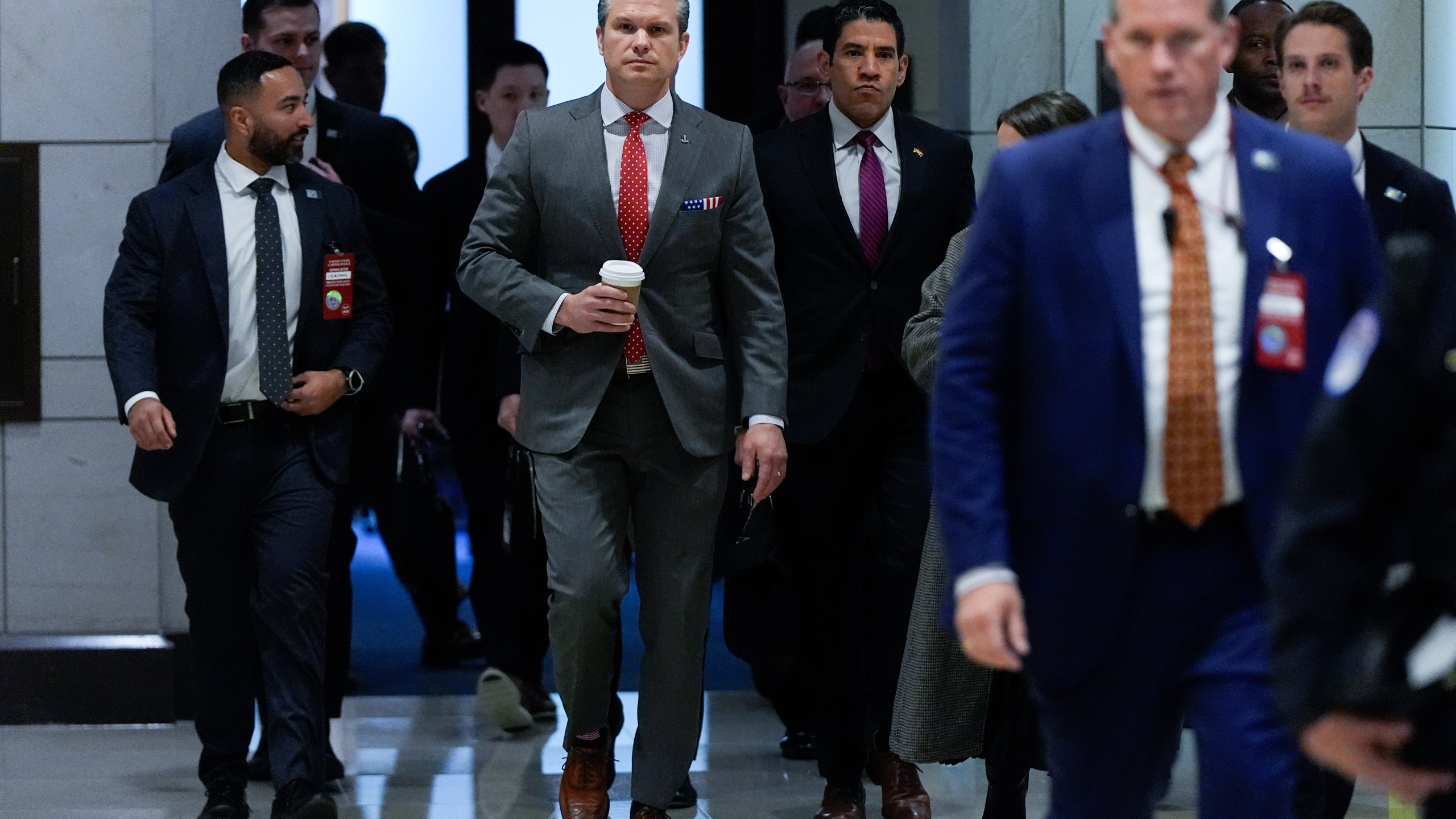 Defense Secretary Pete Hegseth arrives to brief members of Congress on military strikes near Venezuela, Tuesday, Dec. 16, 2025, at the Capitol in Washington. (AP Photo/Julia Demaree Nikhinson)