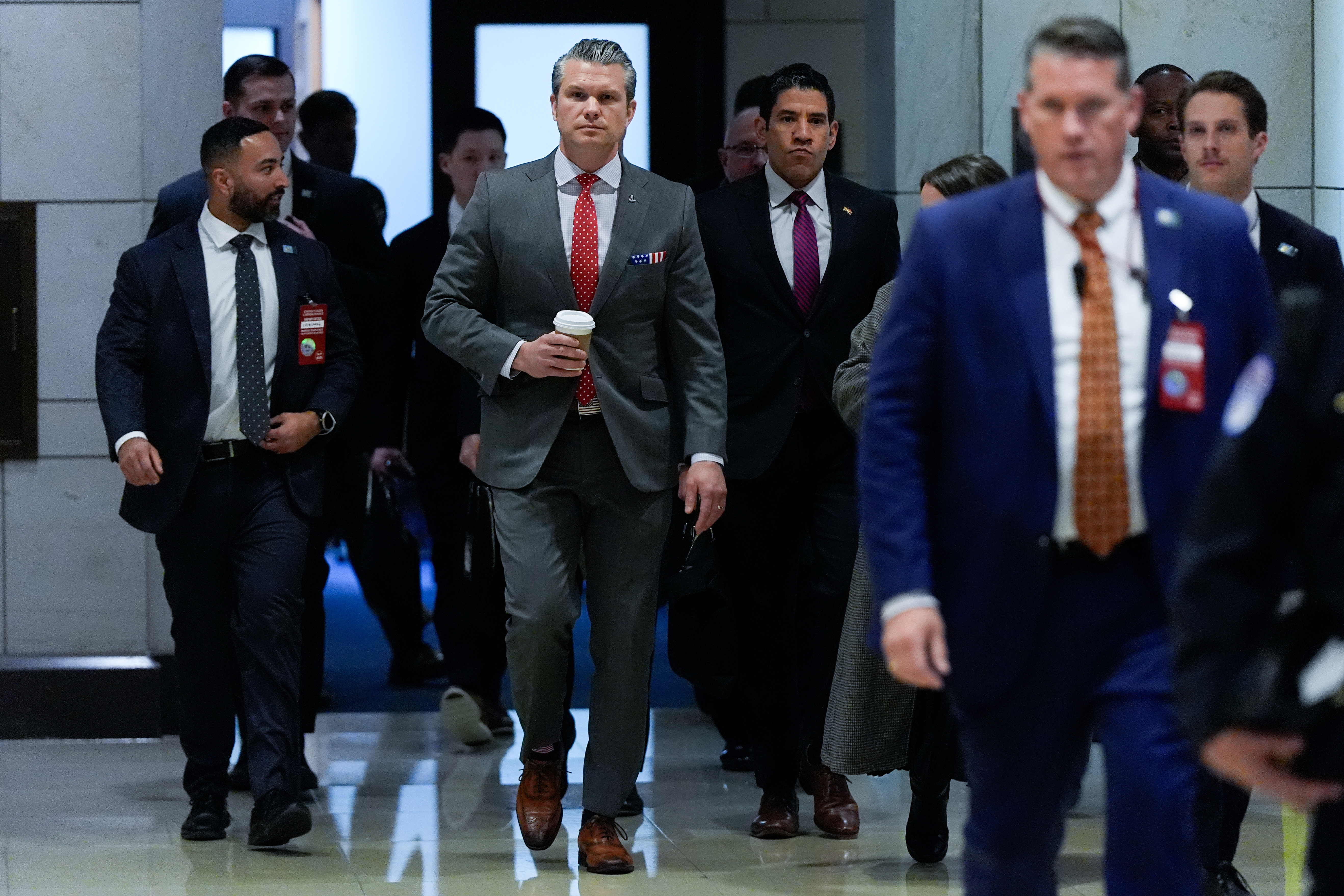 Defense Secretary Pete Hegseth arrives to brief members of Congress on military strikes near Venezuela, Tuesday, Dec. 16, 2025, at the Capitol in Washington. (AP Photo/Julia Demaree Nikhinson)