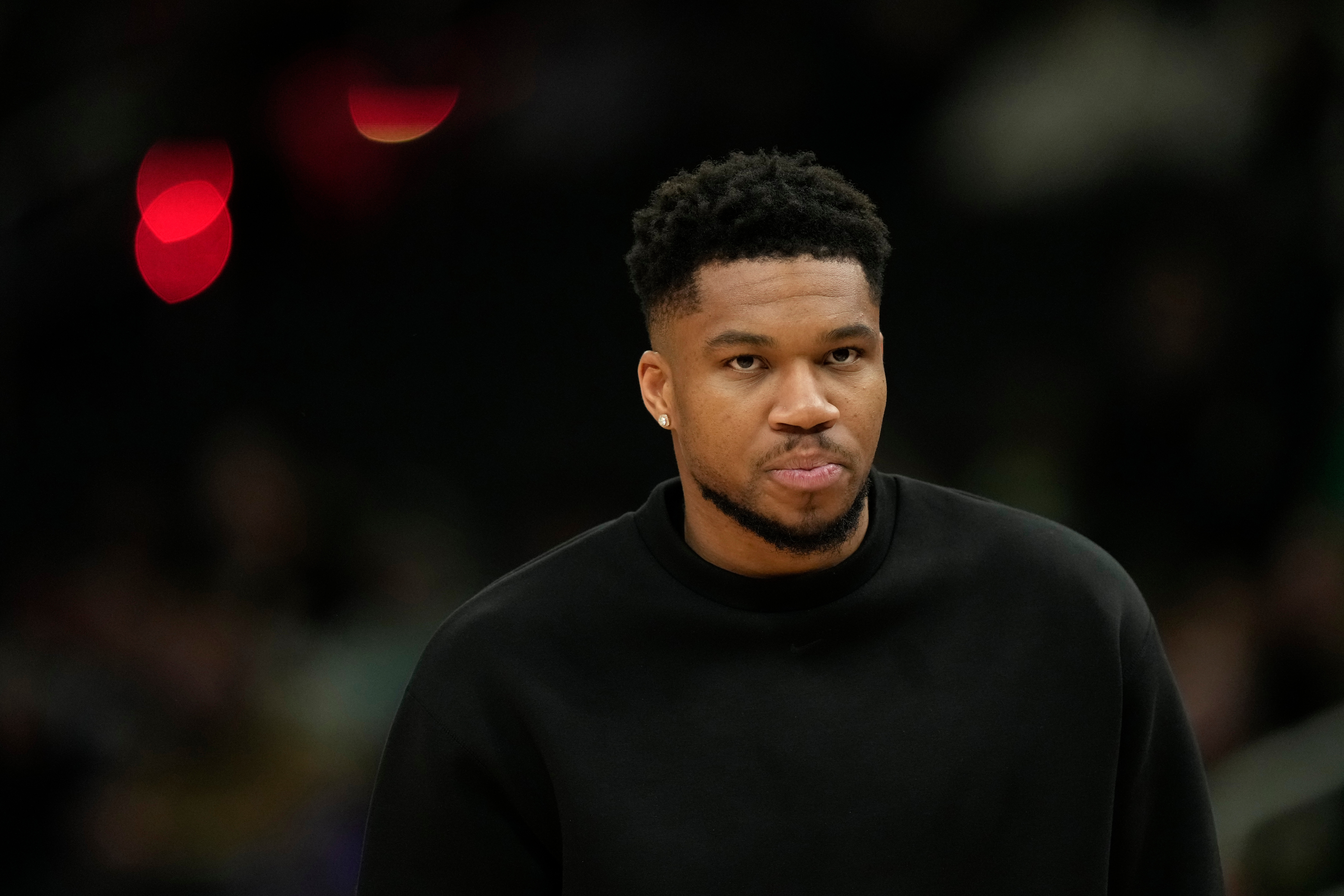 Milwaukee Bucks' Giannis Antetokounmpo looks on during the first half of an NBA basketball game against the Boston Celtics, Thursday, Dec. 11, 2025, in Milwaukee. (AP Photo/Aaron Gash)