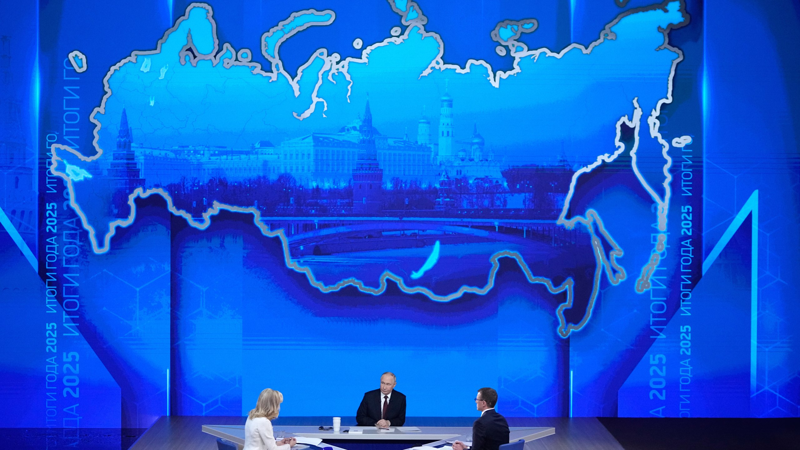 Russian President Vladimir Putin speaks during his annual news conference and call-in show at Gostinny Dvor, in Moscow, on Friday, Dec. 19, 2025. (AP Photo/Pavel Bednyakov)