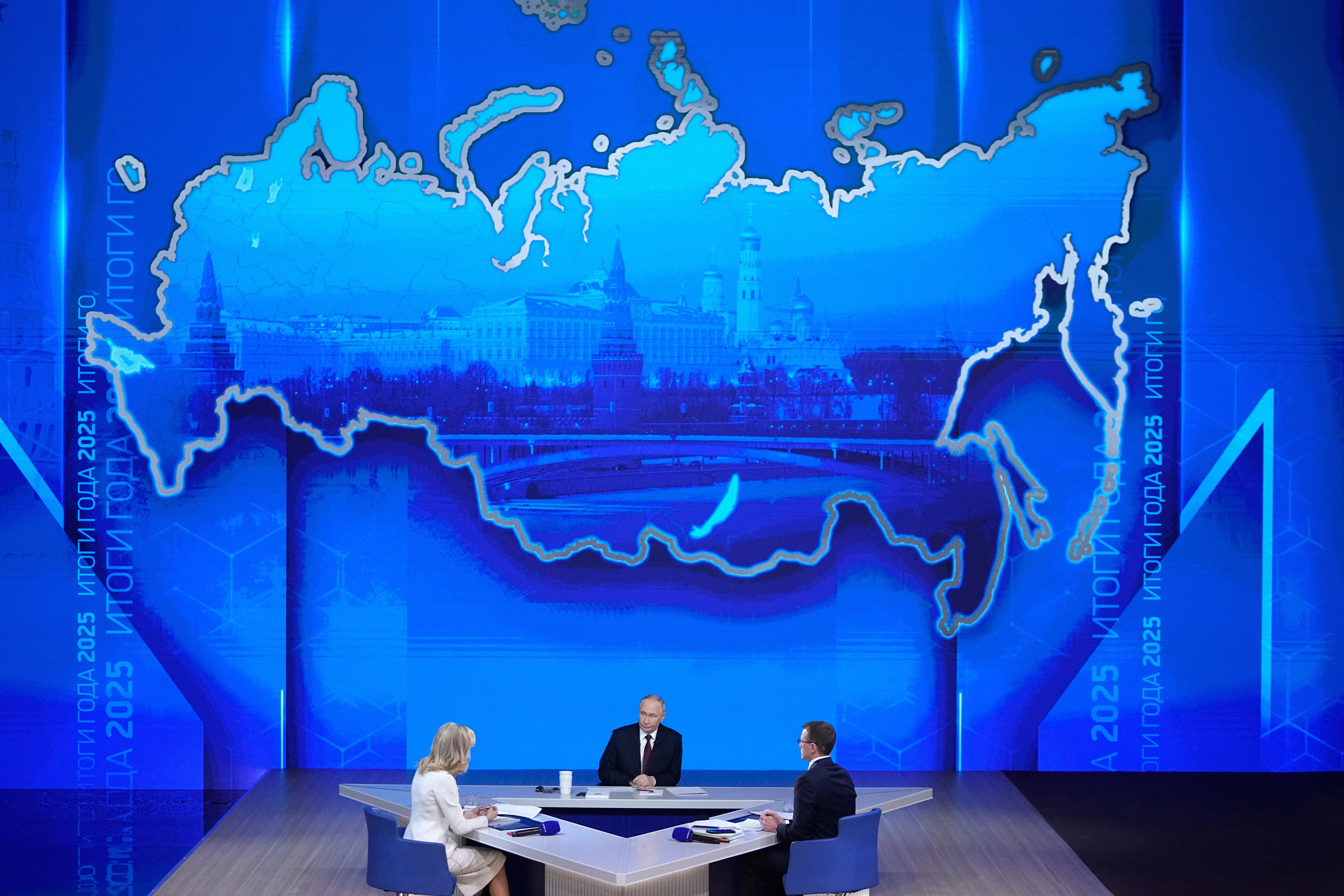 Russian President Vladimir Putin speaks during his annual news conference and call-in show at Gostinny Dvor, in Moscow, on Friday, Dec. 19, 2025. (AP Photo/Pavel Bednyakov)