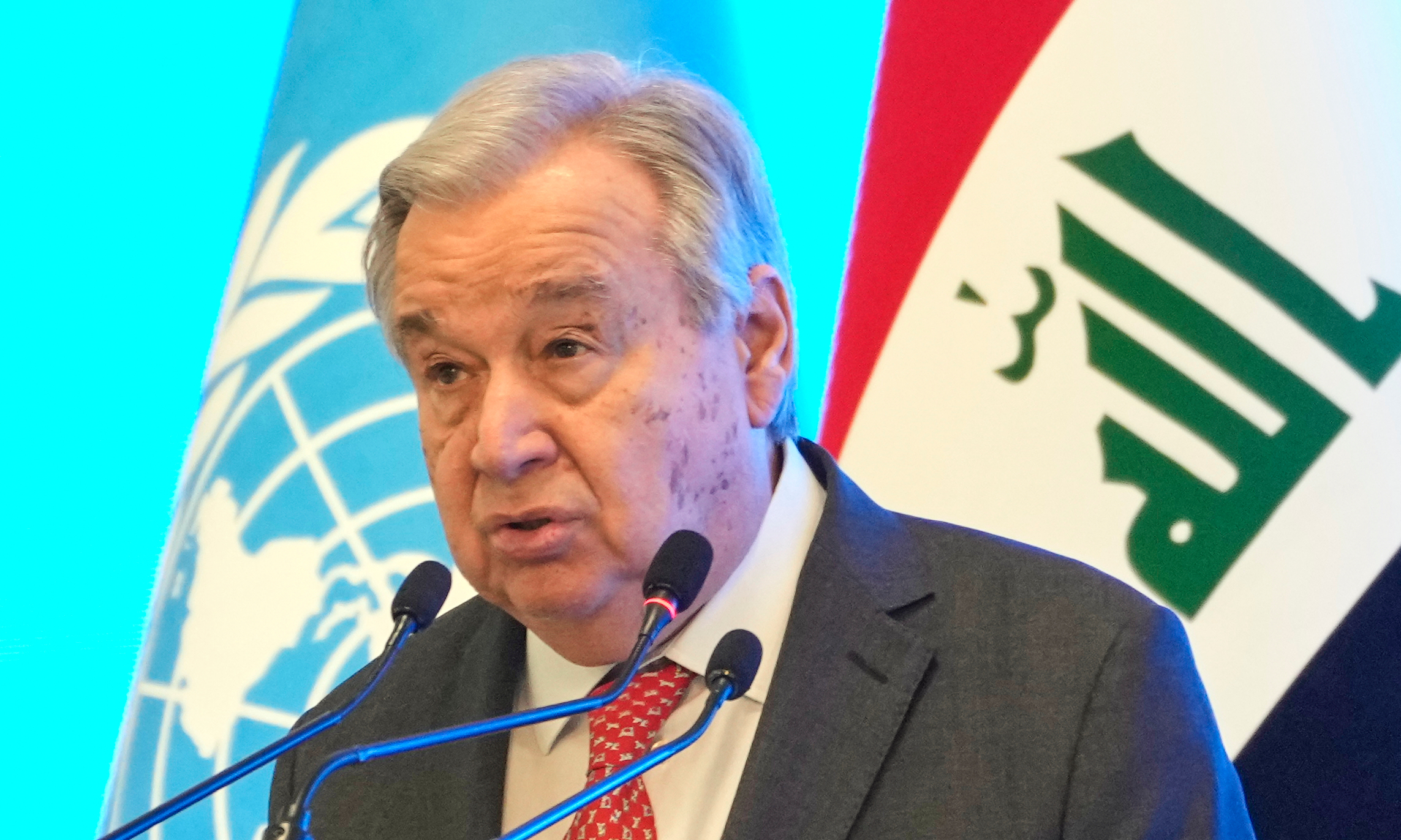 United National Secretary-General Antonio Guterres speaks during an event to mark the end of the U.N. political mission, in Baghdad, Iraq, Saturday, Dec. 13, 2025. (AP Photo/Hadi Mizban)