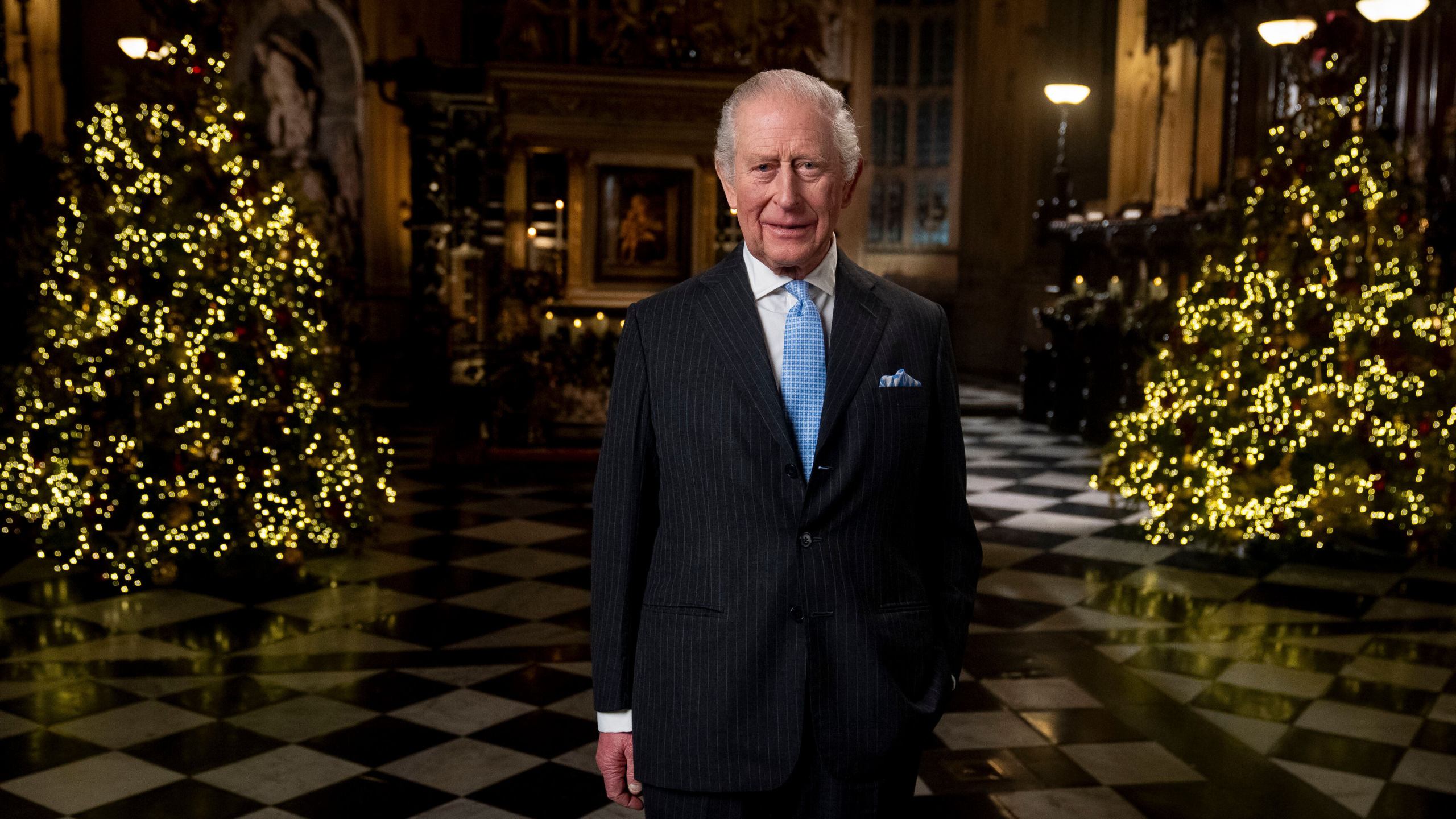 Britain's King Charles III during the recording of his Christmas message in the Lady Chapel of Westminster Abbey, central London, Thursday Dec. 11, 2025. (Aaron Chown/PA via AP, Pool)