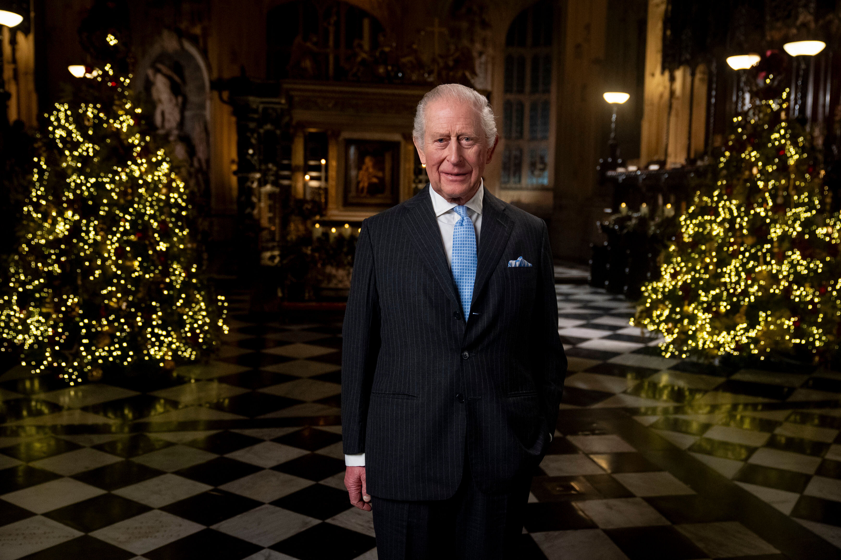 Britain's King Charles III during the recording of his Christmas message in the Lady Chapel of Westminster Abbey, central London, Thursday Dec. 11, 2025. (Aaron Chown/PA via AP, Pool)
